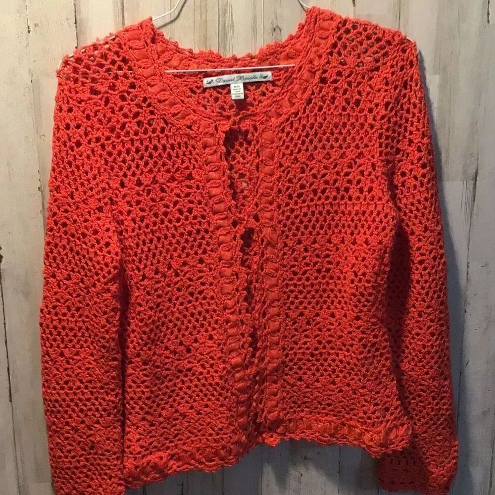 Draft Listing Jacket, crochet style with ribbon accents by David Brooks size med